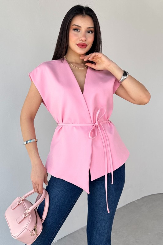 CKT-12448 Pembe Bağlama Detaylı Astarlı Yelek - 1