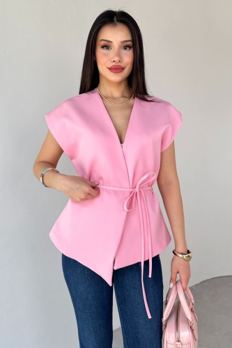 CKT-12448 Pembe Bağlama Detaylı Astarlı Yelek - 4