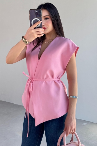 CKT-12448 Pembe Bağlama Detaylı Astarlı Yelek - 5