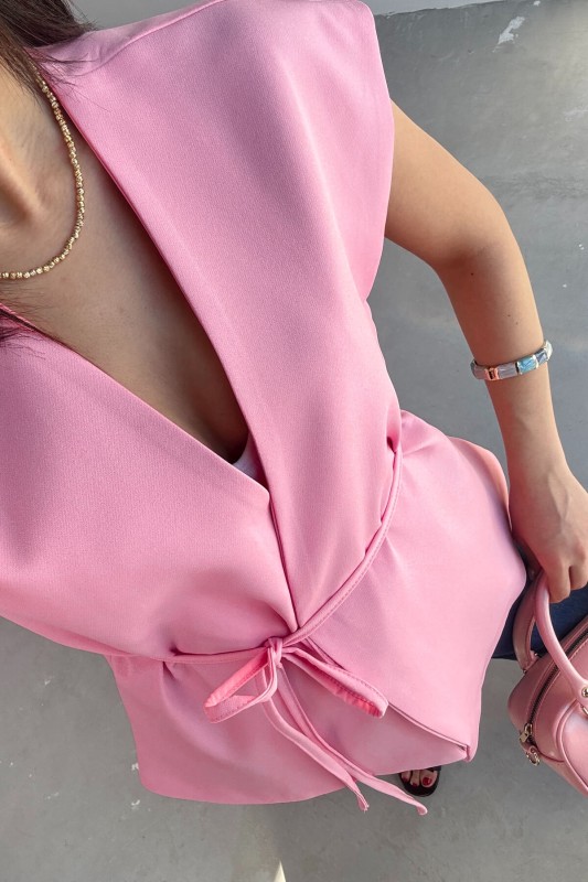 CKT-12448 Pembe Bağlama Detaylı Astarlı Yelek - 6