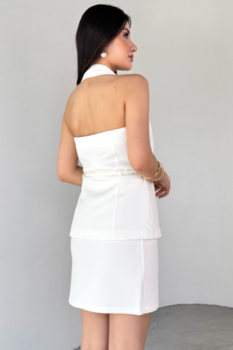 CKT-12449 Beyaz Boyun Bağlamalı Gizli Düğmeli Kuşaklı Poliviskon Astarlı Yelek - 2