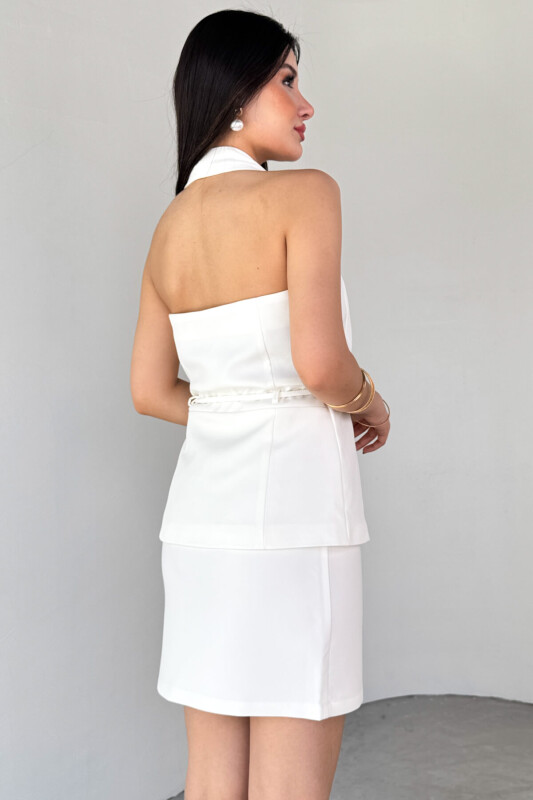 CKT-12449 Beyaz Boyun Bağlamalı Gizli Düğmeli Kuşaklı Poliviskon Astarlı Yelek - 2