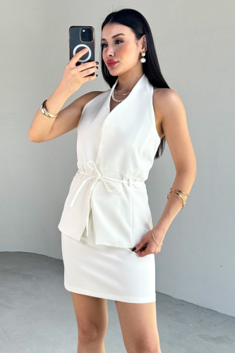 CKT-12449 Beyaz Boyun Bağlamalı Gizli Düğmeli Kuşaklı Poliviskon Astarlı Yelek - 4