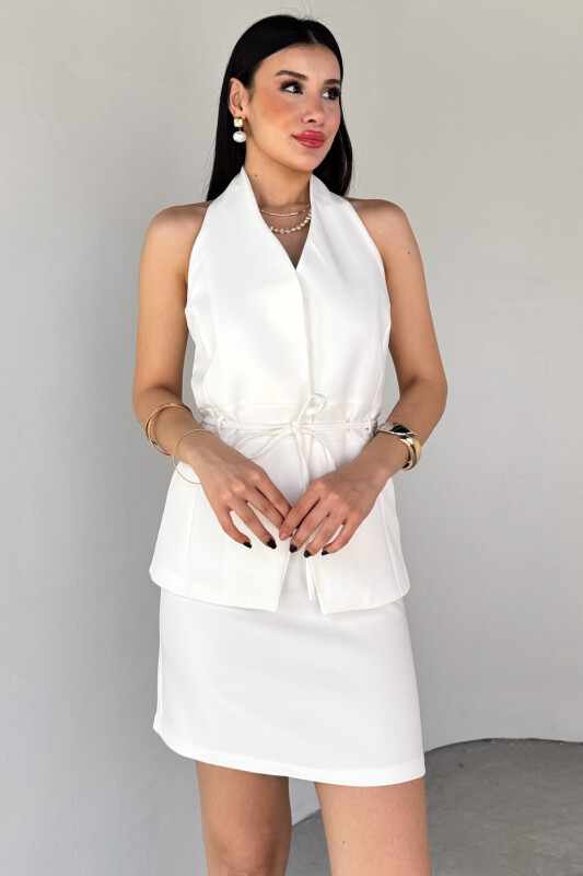 CKT-12449 Beyaz Boyun Bağlamalı Gizli Düğmeli Kuşaklı Poliviskon Astarlı Yelek - 5