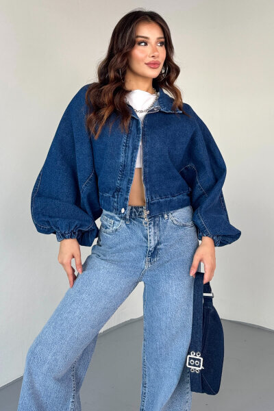 CKT-12451 Mavi Yarasa Kol Fermuar Üstü Çıtçıt Detaylı Kısa Denim Ceket - 2