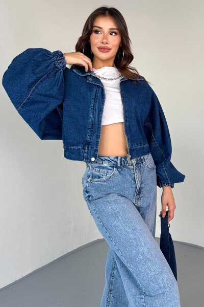 CKT-12451 Mavi Yarasa Kol Fermuar Üstü Çıtçıt Detaylı Kısa Denim Ceket - 3