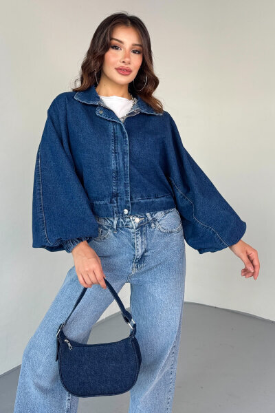 CKT-12451 Mavi Yarasa Kol Fermuar Üstü Çıtçıt Detaylı Kısa Denim Ceket - 6