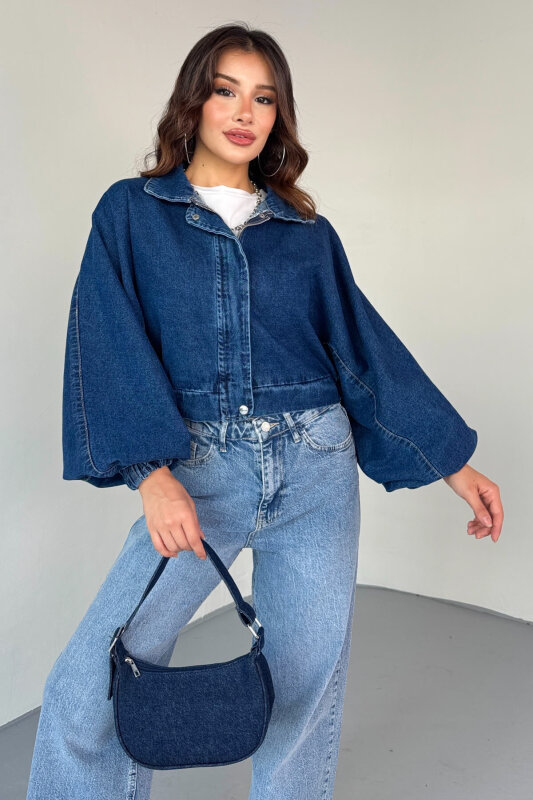 CKT-12451 Mavi Yarasa Kol Fermuar Üstü Çıtçıt Detaylı Kısa Denim Ceket - 6