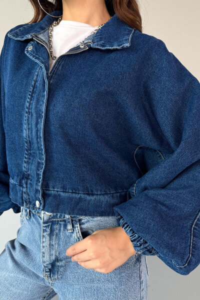 CKT-12451 Mavi Yarasa Kol Fermuar Üstü Çıtçıt Detaylı Kısa Denim Ceket - 8
