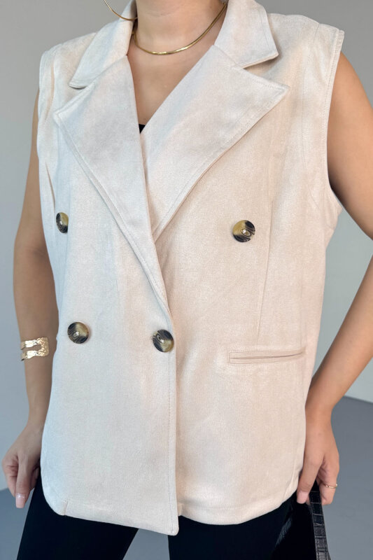 CKT-12454 Krem Nubuk Astarlı Kruvaze Yelek - 2