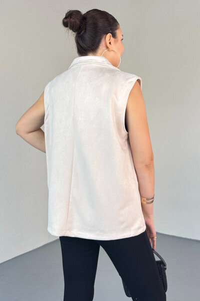 CKT-12454 Krem Nubuk Astarlı Kruvaze Yelek - 4