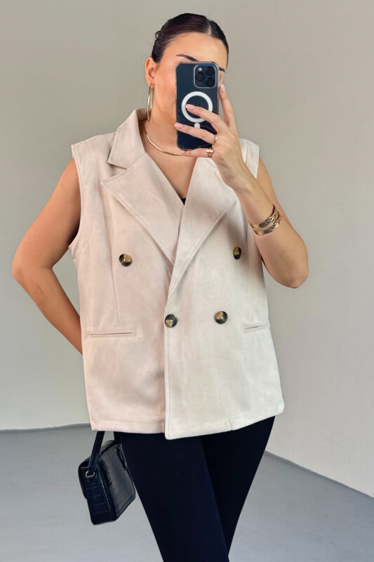 CKT-12454 Krem Nubuk Astarlı Kruvaze Yelek - 5