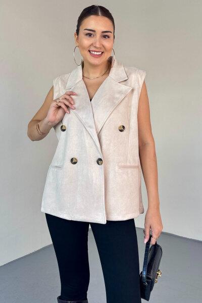 CKT-12454 Krem Nubuk Astarlı Kruvaze Yelek 