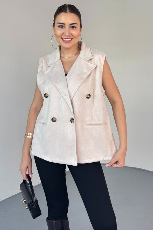 CKT-12454 Krem Nubuk Astarlı Kruvaze Yelek - 3
