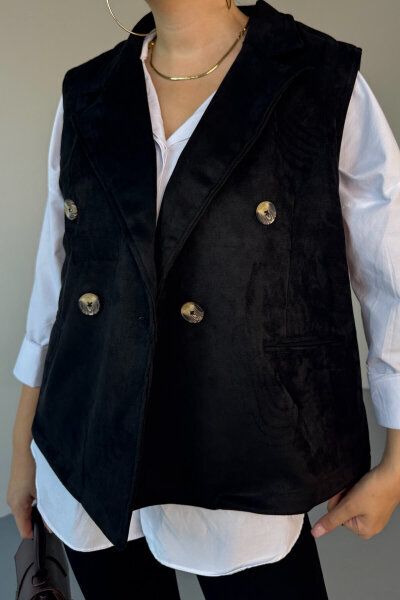 CKT-12454 Siyah Nubuk Astarlı Kruvaze Yelek - 2