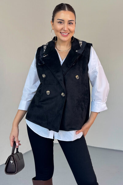 CKT-12454 Siyah Nubuk Astarlı Kruvaze Yelek - 1