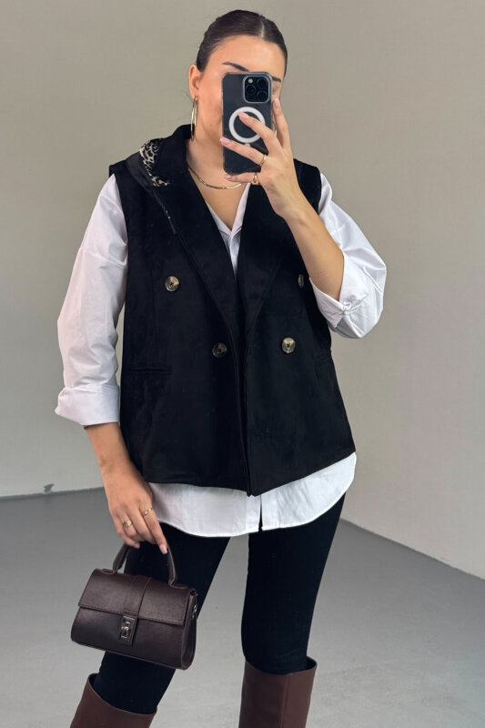 CKT-12454 Siyah Nubuk Astarlı Kruvaze Yelek - 3