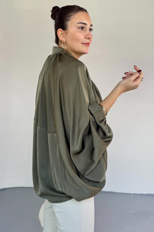 CKT-12455 Haki Özel Tasarım Saten Bomber Ceket - 2