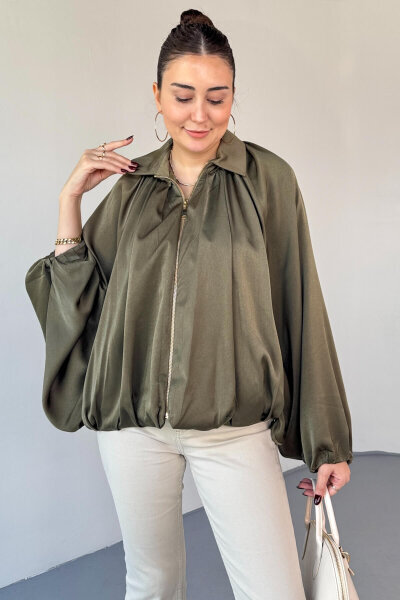 CKT-12455 Haki Özel Tasarım Saten Bomber Ceket 