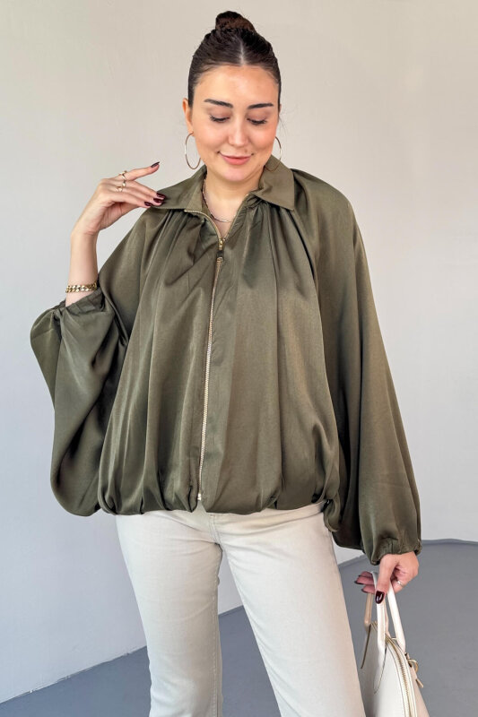 CKT-12455 Haki Özel Tasarım Saten Bomber Ceket - 1