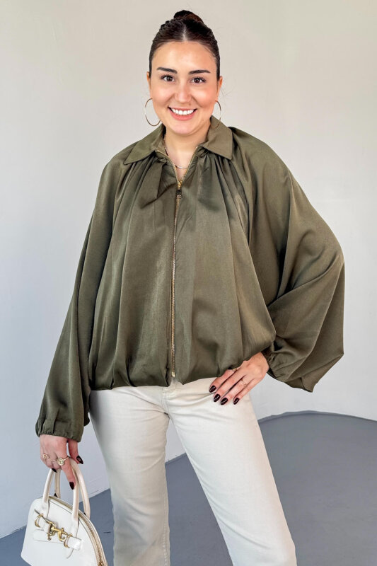 CKT-12455 Haki Özel Tasarım Saten Bomber Ceket - 3