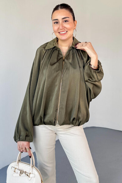 CKT-12455 Haki Özel Tasarım Saten Bomber Ceket - 4