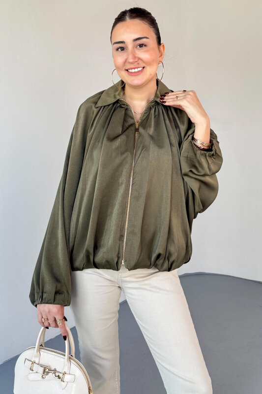 CKT-12455 Haki Özel Tasarım Saten Bomber Ceket - 4