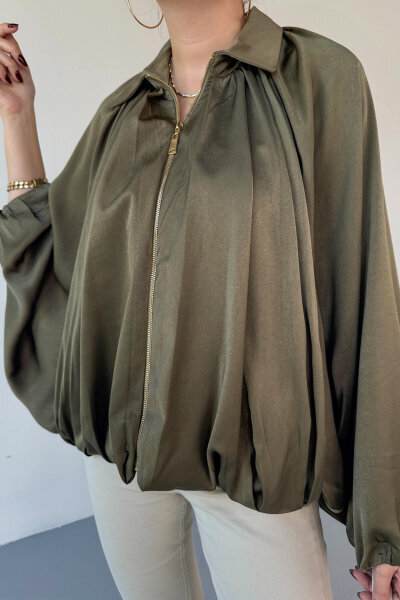 CKT-12455 Haki Özel Tasarım Saten Bomber Ceket - 5