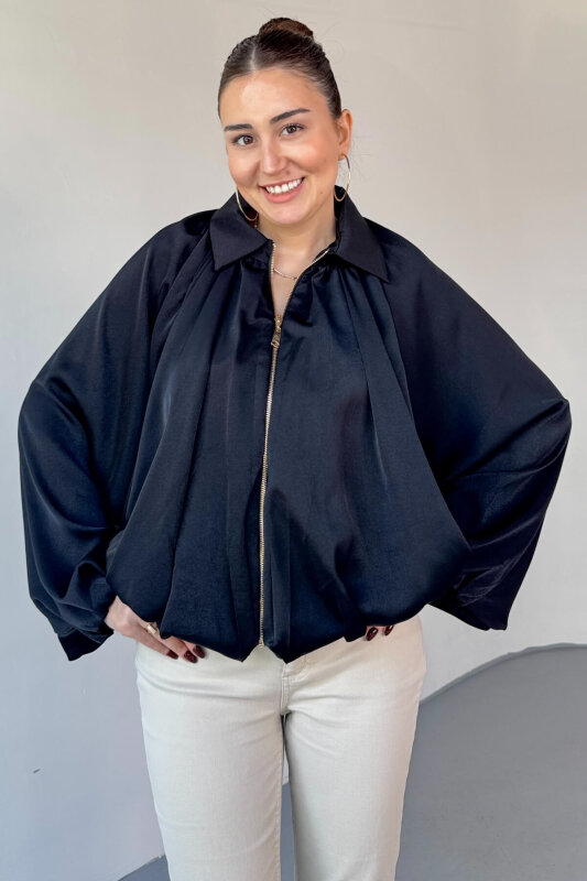 CKT-12455 Siyah Özel Tasarım Saten Bomber Ceket - 3