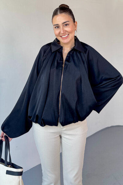 CKT-12455 Siyah Özel Tasarım Saten Bomber Ceket 