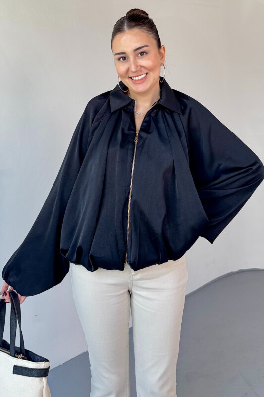 CKT-12455 Siyah Özel Tasarım Saten Bomber Ceket - 1