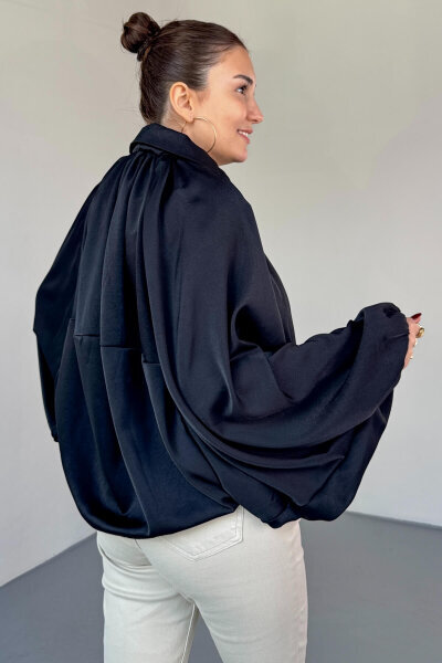 CKT-12455 Siyah Özel Tasarım Saten Bomber Ceket - 2