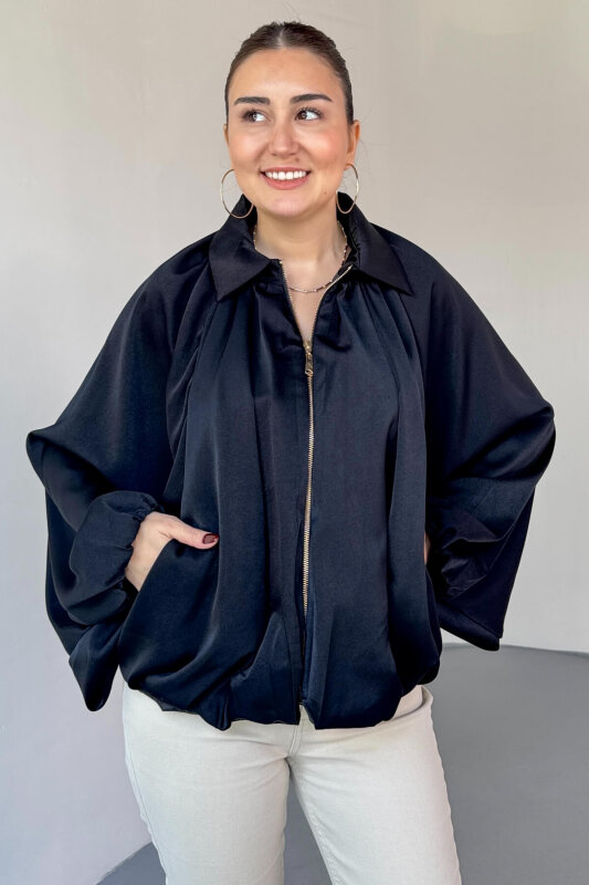 CKT-12455 Siyah Özel Tasarım Saten Bomber Ceket - 4