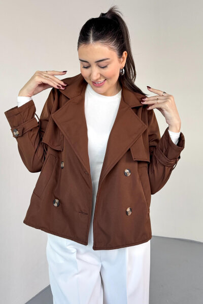 CKT-12458 Acı Kahve Modern Kesim Lamine Kumaş Kısa Trençkot - 1