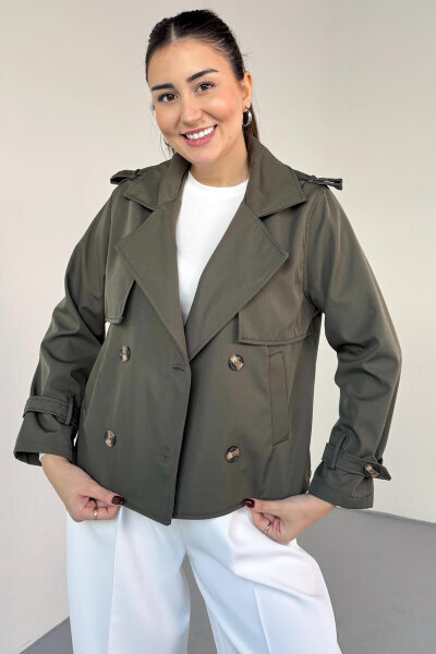 CKT-12458 Haki Modern Kesim Lamine Kumaş Kısa Trençkot - 3