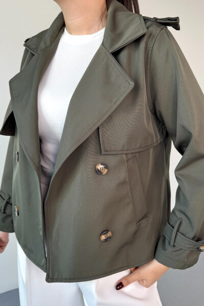 CKT-12458 Haki Modern Kesim Lamine Kumaş Kısa Trençkot - 2