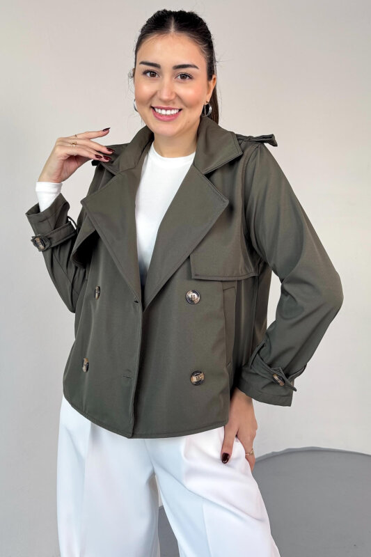 CKT-12458 Haki Modern Kesim Lamine Kumaş Kısa Trençkot - 1