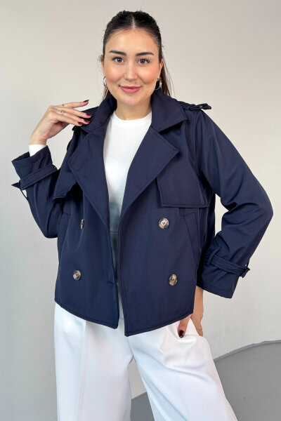 CKT-12458 Lacivert Modern Kesim Lamine Kumaş Kısa Trençkot - 1