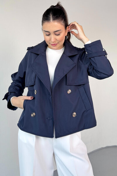 CKT-12458 Lacivert Modern Kesim Lamine Kumaş Kısa Trençkot - 2