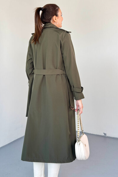 CKT-12459 Haki Lamine Kumaş Kemerli Uzun Trençkot - 3