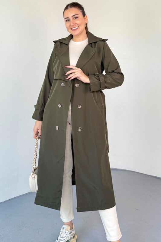 CKT-12459 Haki Lamine Kumaş Kemerli Uzun Trençkot - 2