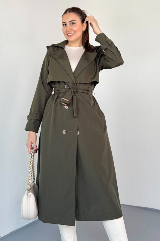 CKT-12459 Haki Lamine Kumaş Kemerli Uzun Trençkot - 4