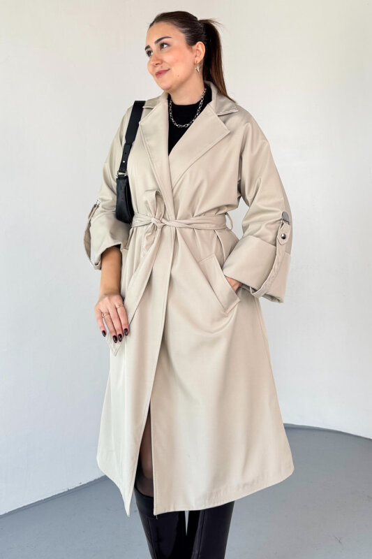 CKT-12461 Bej Tasarım Katlama Kollu Kemerli Oversize Astarlı Trençkot - 4