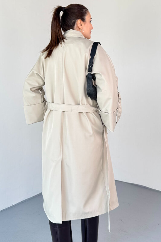 CKT-12461 Bej Tasarım Katlama Kollu Kemerli Oversize Astarlı Trençkot - 5