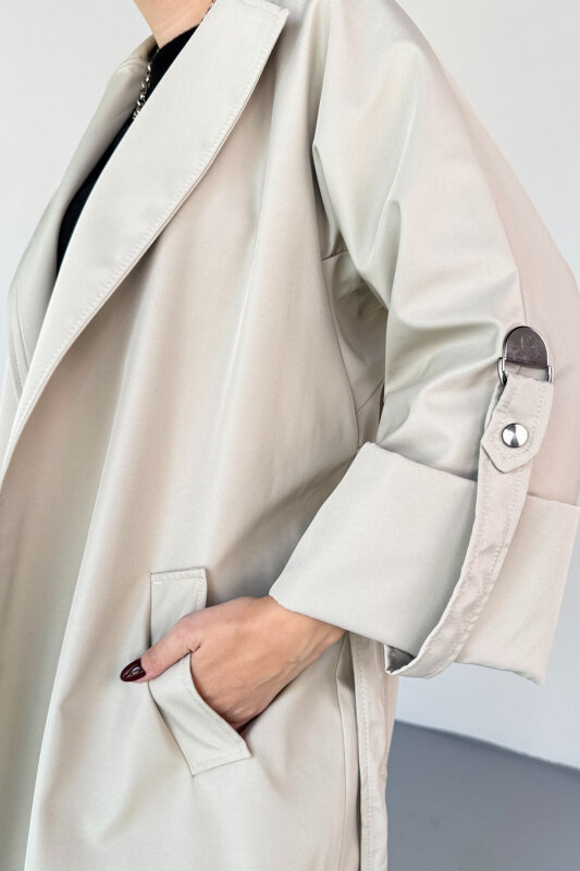CKT-12461 Bej Tasarım Katlama Kollu Kemerli Oversize Astarlı Trençkot - 2