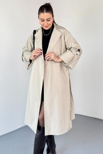 CKT-12461 Bej Tasarım Katlama Kollu Kemerli Oversize Astarlı Trençkot - 1