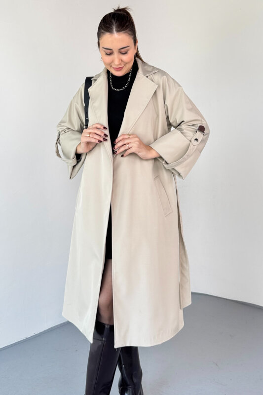 CKT-12461 Bej Tasarım Katlama Kollu Kemerli Oversize Astarlı Trençkot - 1