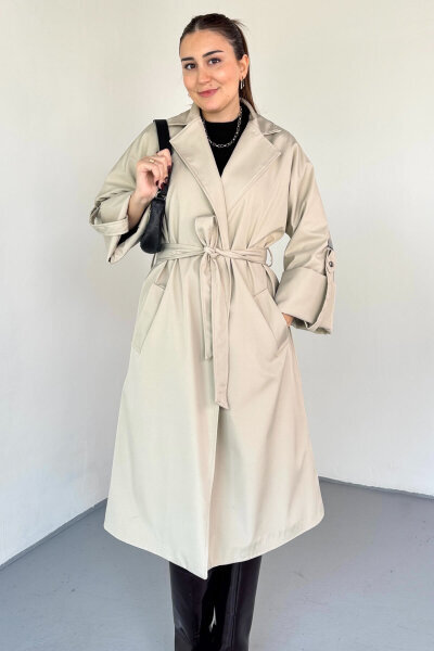 CKT-12461 Bej Tasarım Katlama Kollu Kemerli Oversize Astarlı Trençkot - 3