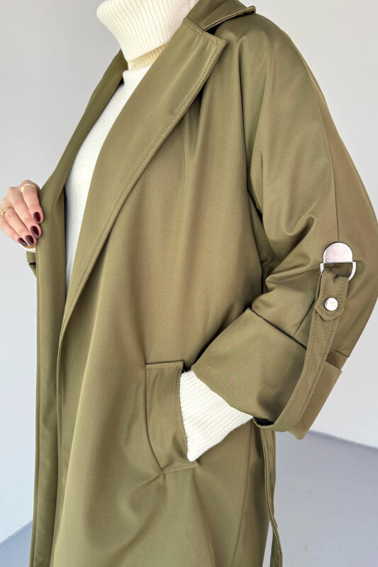 CKT-12461 Haki Tasarım Katlama Kollu Kemerli Oversize Astarlı Trençkot - 2