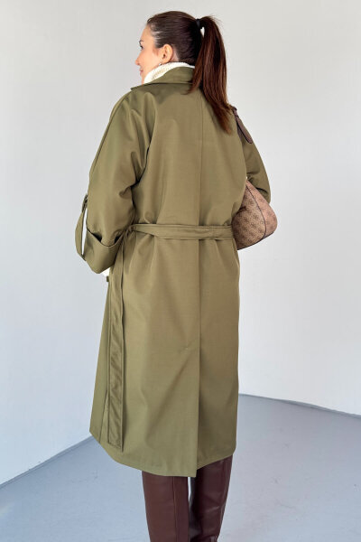 CKT-12461 Haki Tasarım Katlama Kollu Kemerli Oversize Astarlı Trençkot - 4